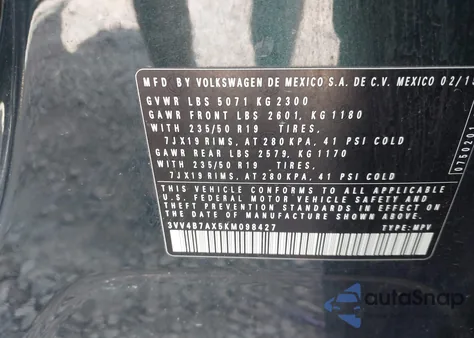 2019 Volkswagen Tiguan 2.0T Sel Premium/2.0T Sel Premium R-Line from USA, damaged, VIN 3VV4B7AX5KM098427